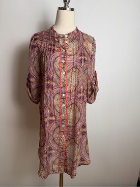 Zingara Paisley Button-Down Tunic/Coverup Blouse - Orange Multi 100% Silk Size S